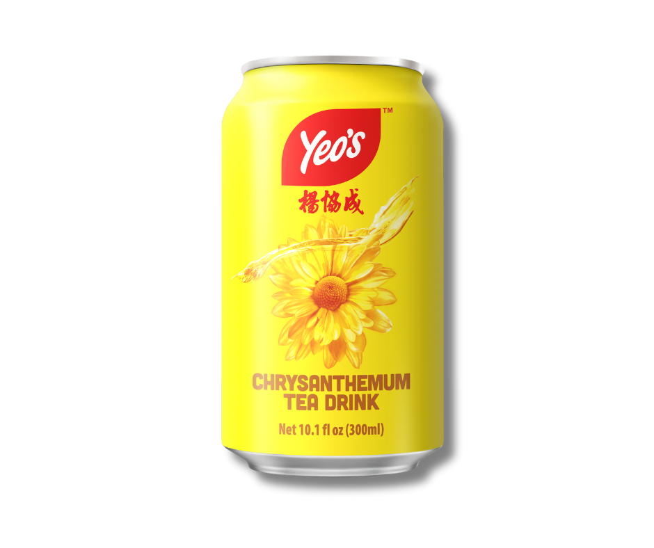 Yellow can of Yeo's Chrysanthemum Tea Drink with a sunflower graphic on a white background