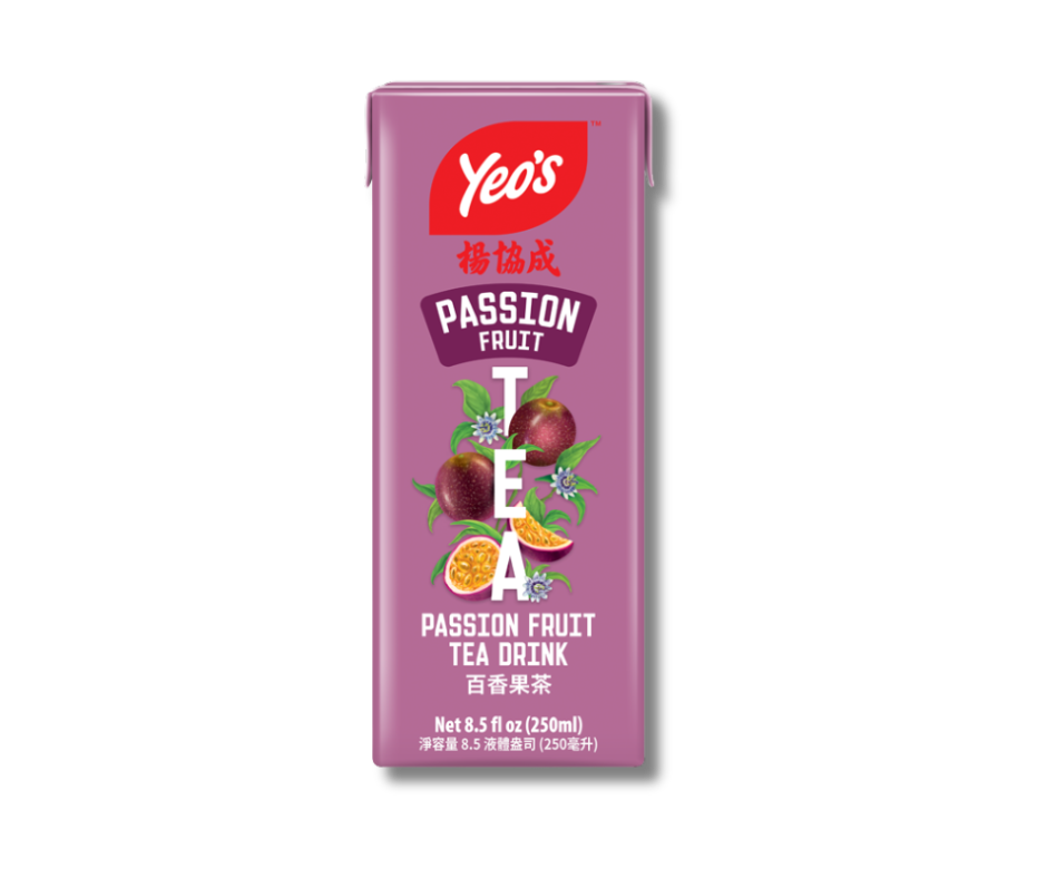 Yeo’s Passion Fruit Tea Drink 8.5 fl oz (250ml) carton – fragrant black tea blended with passion fruit flavor, in purple Tetra Pak with fruit illustration.