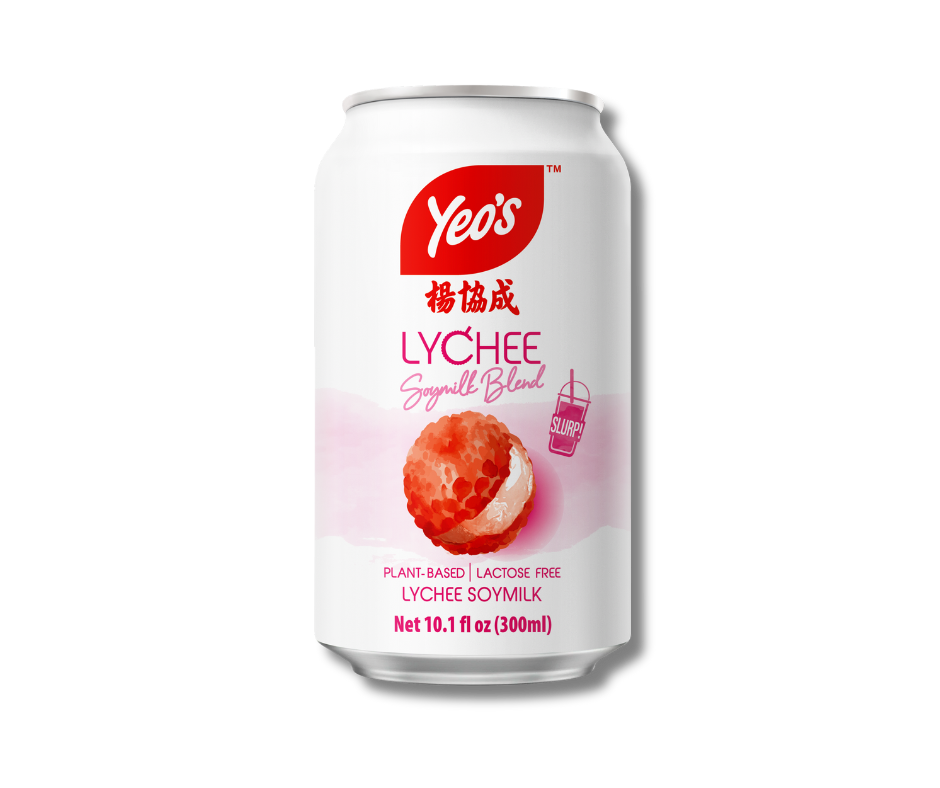 Yeo’s Lychee Soymilk Blend 10.1 fl oz (300ml) can – plant-based fusion of fruity lychee and creamy soymilk for a tropical, lactose-free delight.
