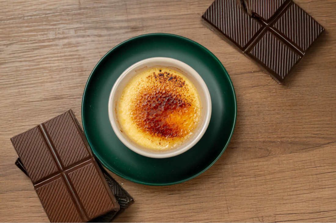 Chocolate soy crème brûlée in a white ramekin made with Yeo's Soy Drink, rich and silky with a smooth chocolate surface