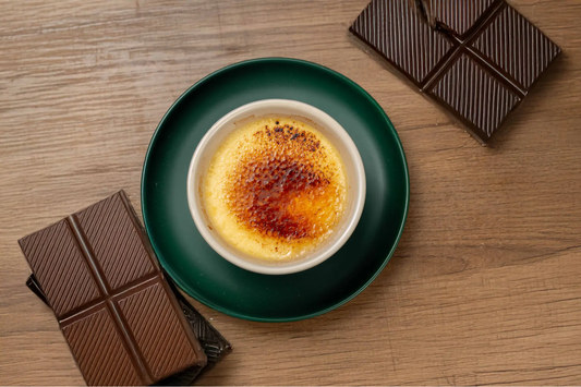 Chocolate soy crème brûlée in a white ramekin made with Yeo's Soy Drink, rich and silky with a smooth chocolate surface