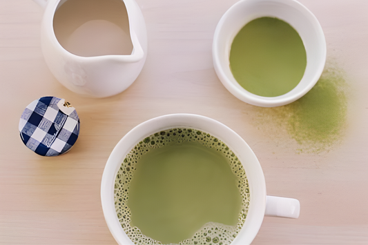 Homemade matcha soy latte in a white ceramic mug made with Yeo's Soy Drink and matcha powder with a smooth green color