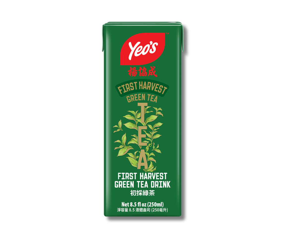 Yeo’s First Harvest Green Tea Drink 8.5 fl oz (250ml) carton – refreshing green tea brewed from first harvest leaves, in dark green Tetra Pak.