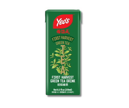 Yeo’s First Harvest Green Tea Drink 8.5 fl oz (250ml) carton – refreshing green tea brewed from first harvest leaves, in dark green Tetra Pak.