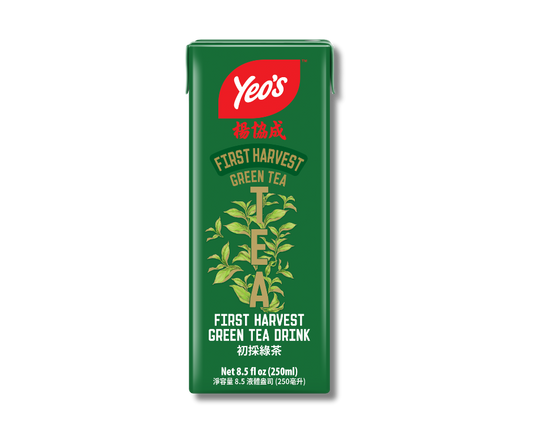 Yeo’s First Harvest Green Tea Drink 8.5 fl oz (250ml) carton – refreshing green tea brewed from first harvest leaves, in dark green Tetra Pak.