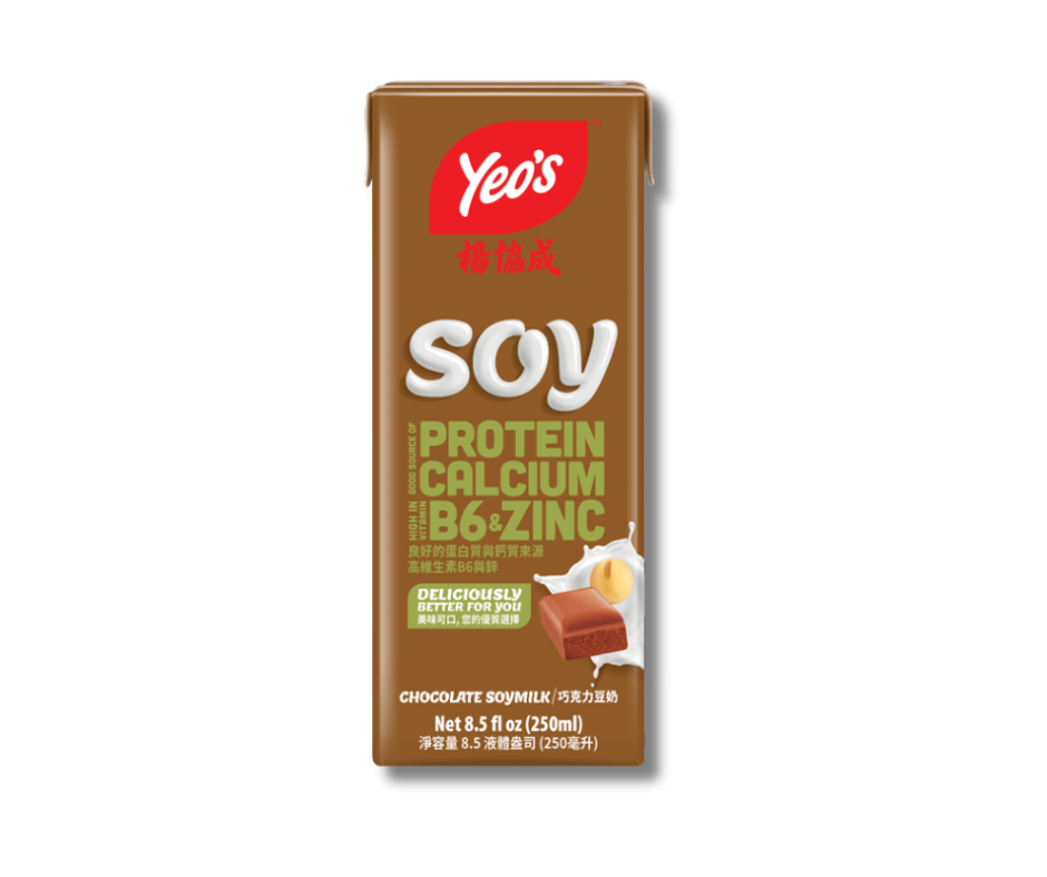 Yeo’s Chocolate Soymilk 8.5 fl oz (250ml) carton – rich, creamy plant-based drink with protein, calcium, vitamin B6 and zinc for delicious nutrition.