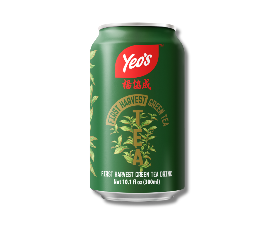 Yeo’s First Harvest Green Tea Drink 10.1 fl oz (300ml) can – premium first harvest tea with a smooth, clean taste, in deep green can with leaf design.