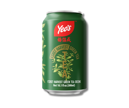 Yeo’s First Harvest Green Tea Drink 10.1 fl oz (300ml) can – premium first harvest tea with a smooth, clean taste, in deep green can with leaf design.