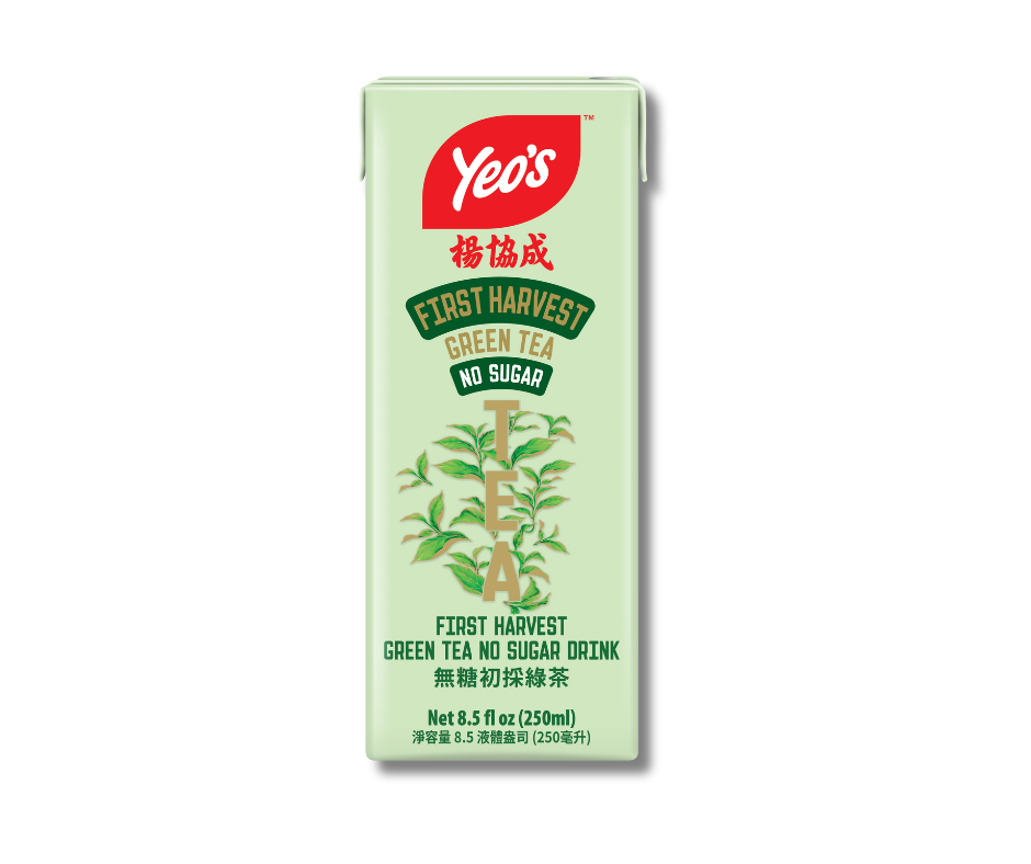 Yeo’s First Harvest Green Tea No Sugar Drink 8.5 fl oz (250ml) carton – refreshing unsweetened tea made from first harvest leaves, in pale green Tetra Pak.