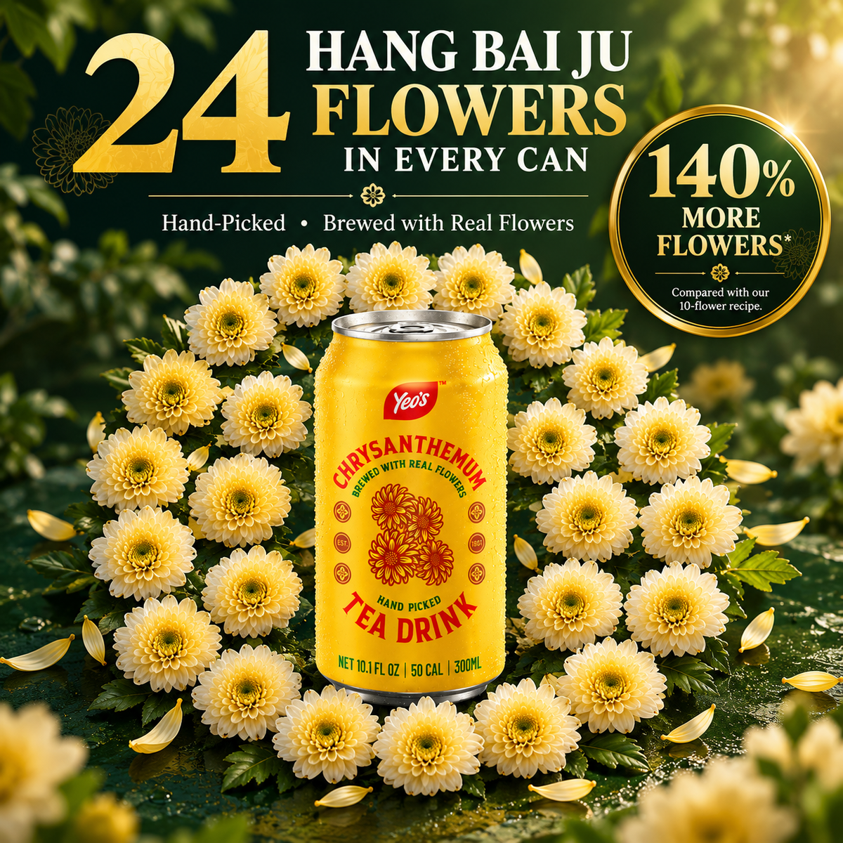 24 Hang Bai Ju flowers in every can of Yeo's Chrysanthemum Tea (case of 12)