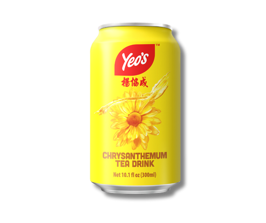 Yellow can of Yeo's Chrysanthemum Tea Drink with a sunflower graphic on a white background