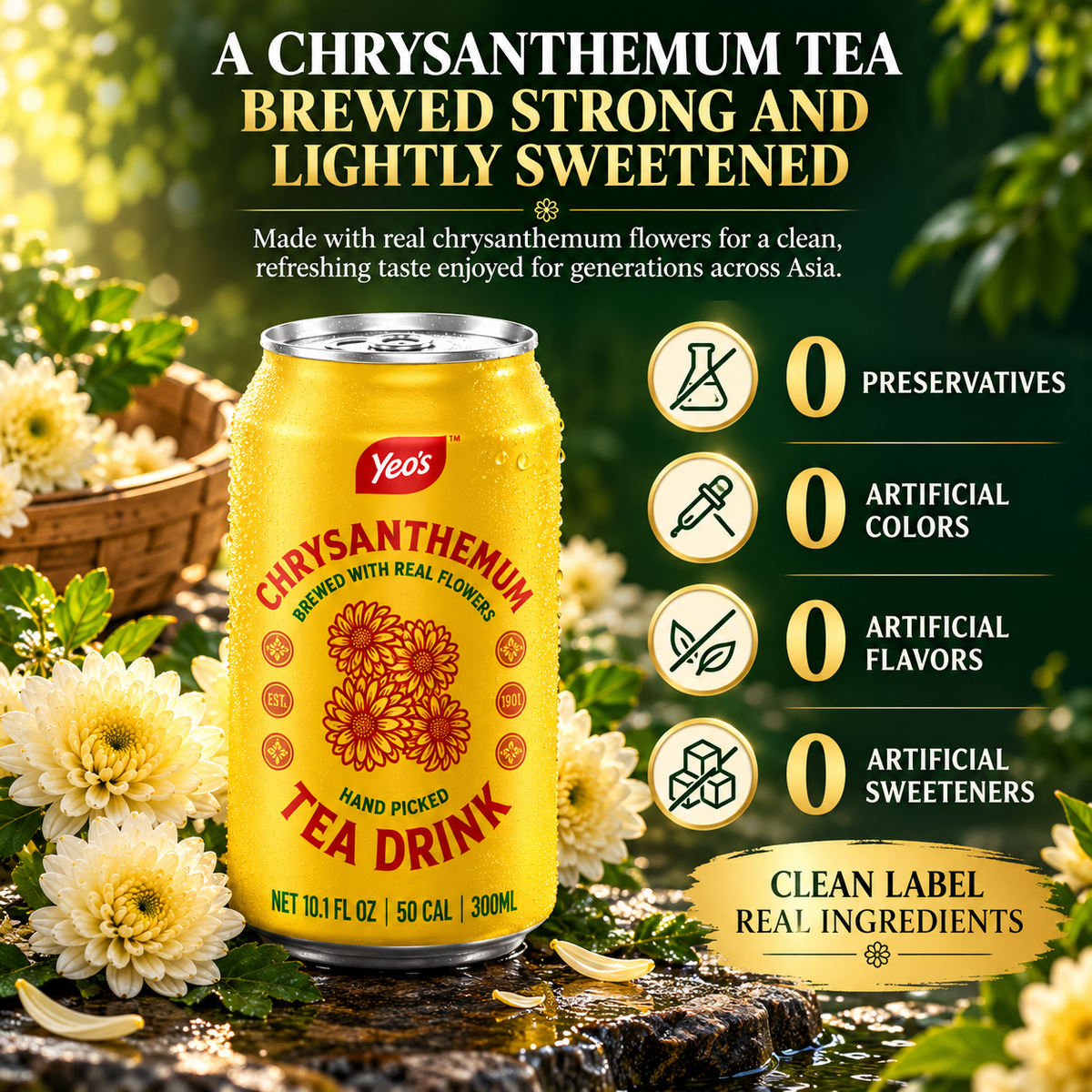 Yeo's Chrysanthemum Tea Drink can with zero preservatives, artificial colors, flavors, and sweeteners