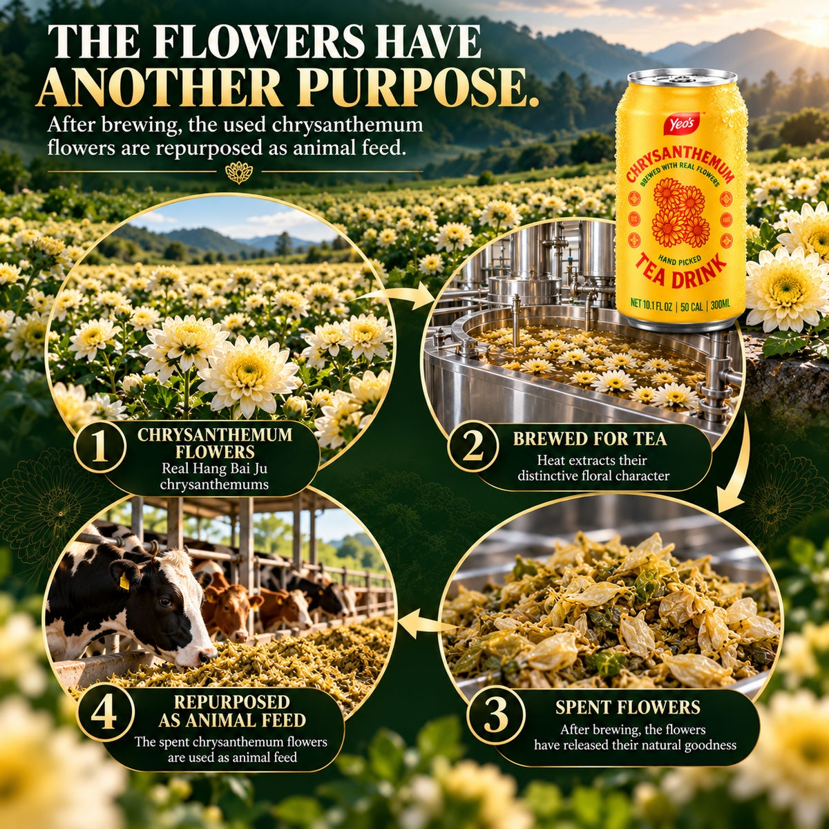 Spent chrysanthemum flowers repurposed as animal feed after brewing