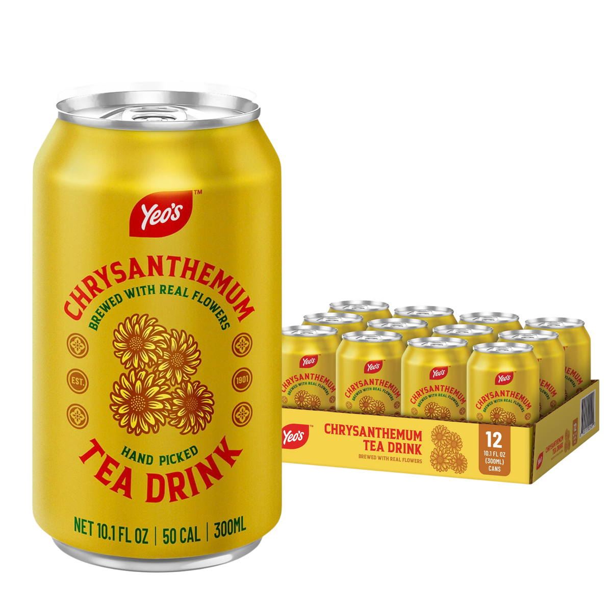 Yeo's Chrysanthemum Tea Drink case of 12 cans next to a single 10.1 fl oz can