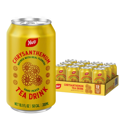 Yeo's Chrysanthemum Tea Drink case of 12 cans next to a single 10.1 fl oz can