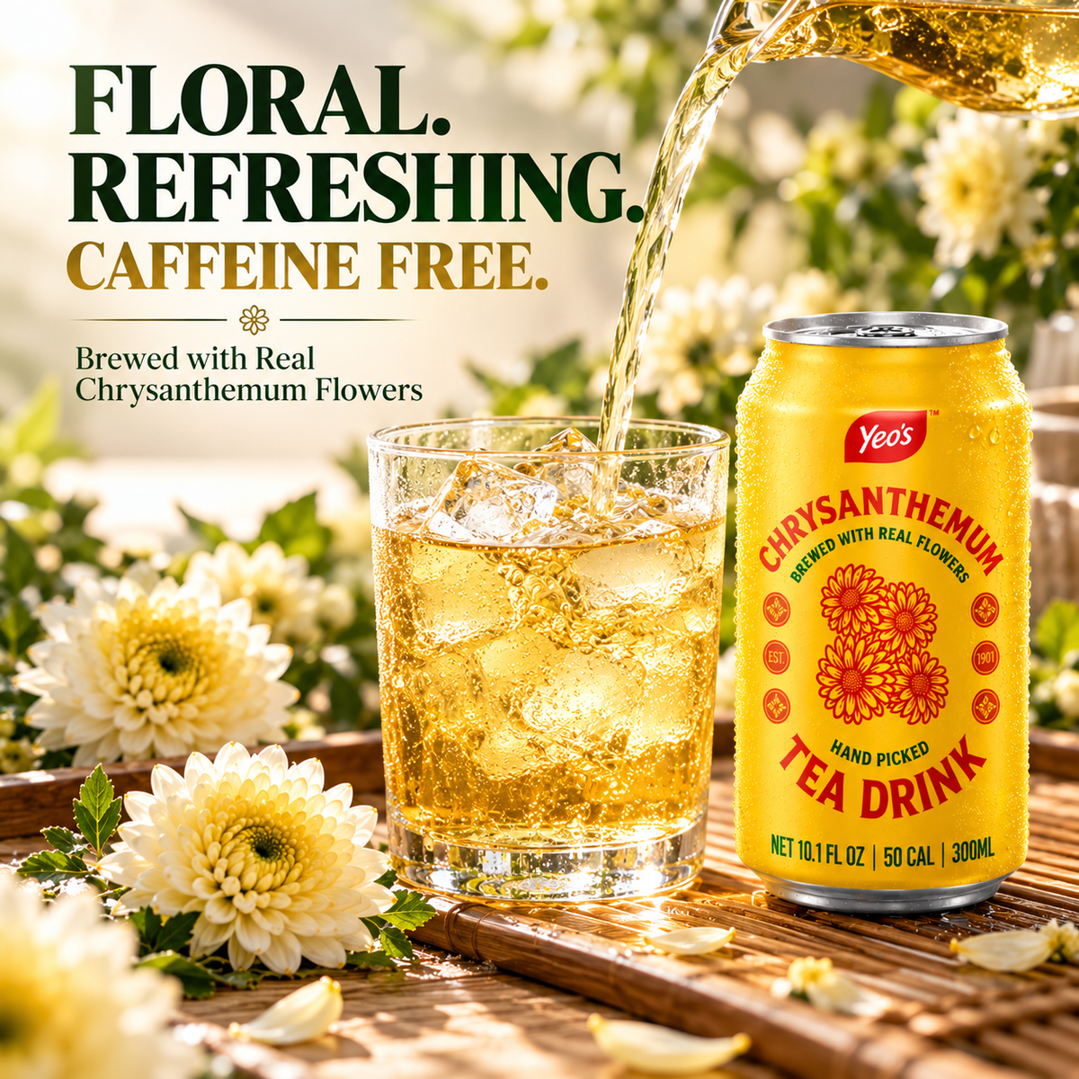Yeo's Chrysanthemum Tea poured over ice, floral, refreshing, and caffeine free