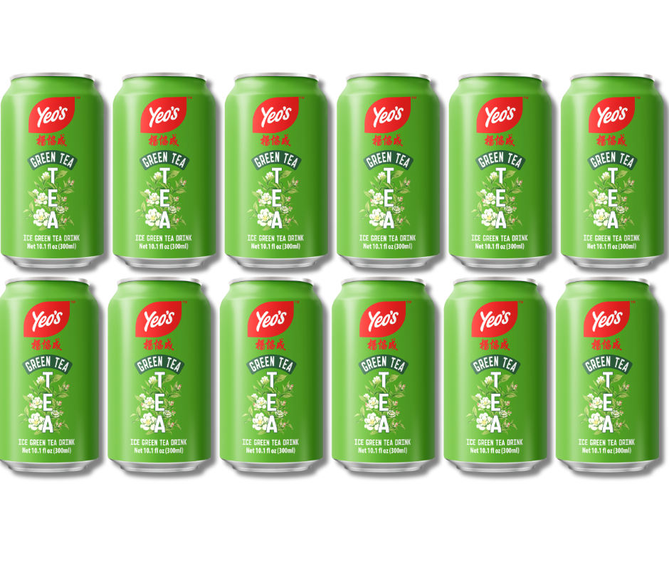 Multiple cans of Yeo's Green Tea on a white background