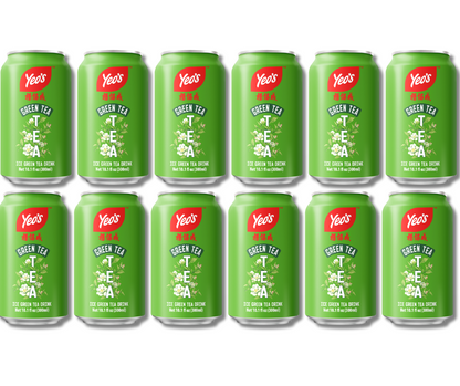 Multiple cans of Yeo's Green Tea on a white background