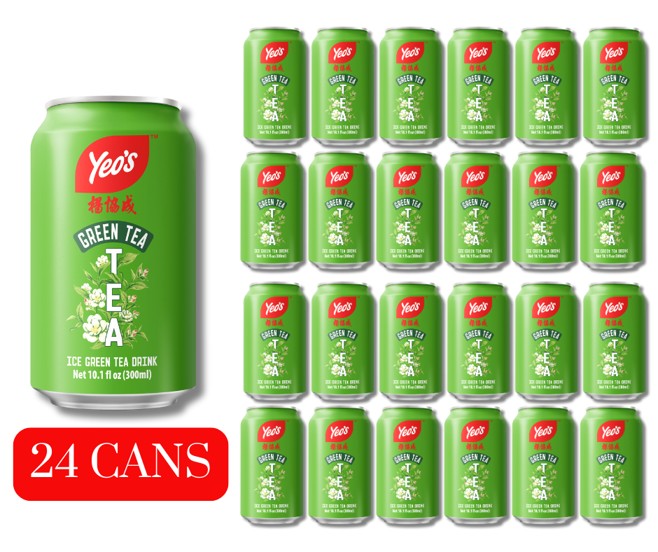 Yeo's Green Tea cans displayed with a '24 Cans' label on a white background