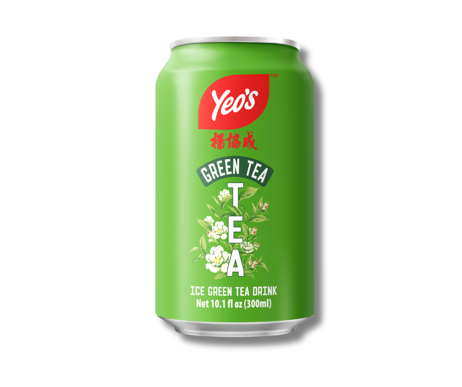 Yeo’s Ice Green Tea Drink 10.1 fl oz (300ml) can – lightly sweetened jasmine green tea beverage, bright green can with floral tea leaves design.