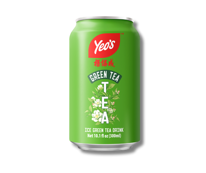Yeo’s Ice Green Tea Drink 10.1 fl oz (300ml) can – lightly sweetened jasmine green tea beverage, bright green can with floral tea leaves design.