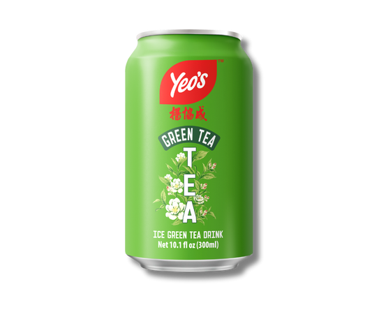 Yeo’s Ice Green Tea Drink 10.1 fl oz (300ml) can – lightly sweetened jasmine green tea beverage, bright green can with floral tea leaves design.