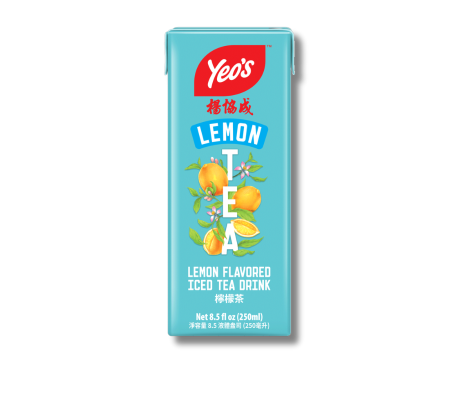 Yeo’s Lemon Flavored Iced Tea Drink 8.5 fl oz (250ml) carton – refreshing lemon-infused black tea in light blue Tetra Pak with lemon artwork.