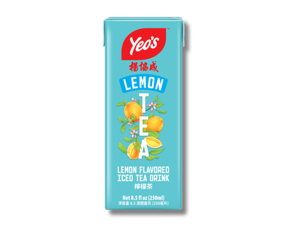 Yeo’s Lemon Flavored Iced Tea Drink 8.5 fl oz (250ml) carton – refreshing lemon-infused black tea in light blue Tetra Pak with lemon artwork.