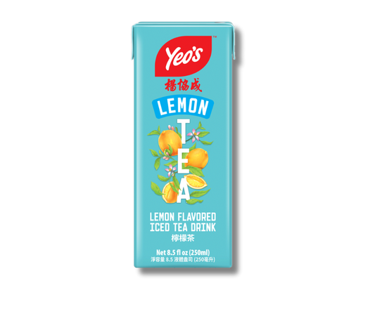 Yeo’s Lemon Flavored Iced Tea Drink 8.5 fl oz (250ml) carton – refreshing lemon-infused black tea in light blue Tetra Pak with lemon artwork.