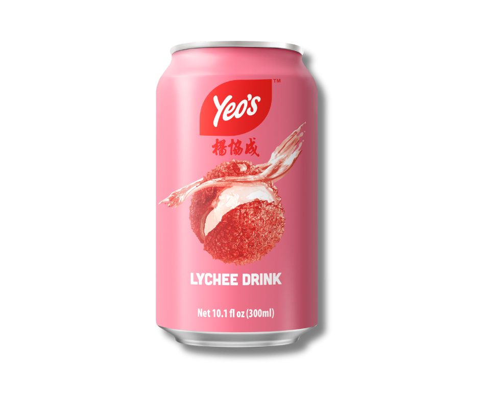 Yeo’s Lychee Drink 10.1 fl oz (300ml) can – sweet tropical lychee fruit beverage, refreshing and aromatic, pink can with lychee fruit splash