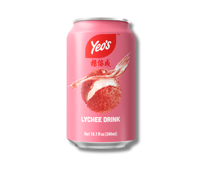 Yeo’s Lychee Drink 10.1 fl oz (300ml) can – sweet tropical lychee fruit beverage, refreshing and aromatic, pink can with lychee fruit splash