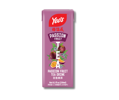 Yeo’s Passion Fruit Tea Drink 8.5 fl oz (250ml) carton – fragrant black tea blended with passion fruit flavor, in purple Tetra Pak with fruit illustration.