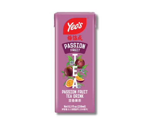 Yeo’s Passion Fruit Tea Drink 8.5 fl oz (250ml) carton – fragrant black tea blended with passion fruit flavor, in purple Tetra Pak with fruit illustration.