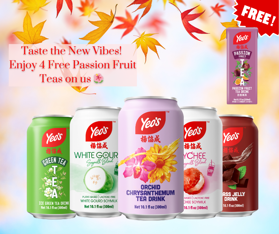 Yeo’s Refreshing Variety Bundle – 20 cans featuring Grass Jelly, Orchid Chrysanthemum, Ice Green Tea with Jasmine, Lychee Soymilk Blend, and White Gourd Soymilk Blend, plus 4 free boxes of Passion Fruit Tea. Perfect for sharing and discovering Yeo’s favorites.