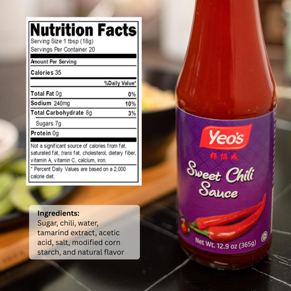 Yeo’s Sweet Chili Sauce close-up with nutrition facts panel and ingredient list, sweet chili sauce ingredients and calories per serving.
