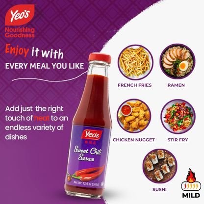 Yeo’s Sweet Chili Sauce pairing guide showing fries, ramen, chicken nuggets, stir fry, and sushi with mild heat icon.
