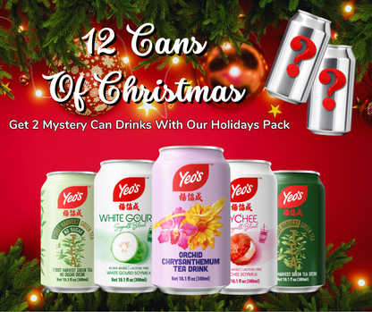 Yeo’s 12 Cans of Christmas – Limited Holiday Pack with 2 Mystery Cans and festive assorted drinks in 300 ml cans.