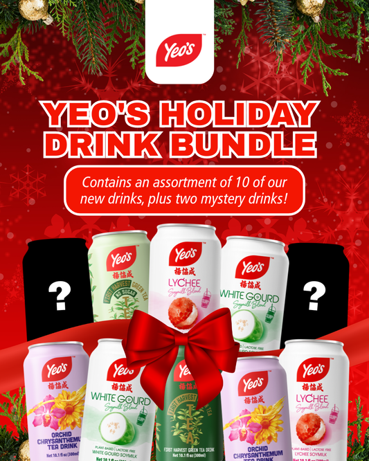 Yeo’s 12 Cans of Christmas – Limited Holiday Pack with 2 Mystery Cans and festive assorted drinks in 300 ml cans.