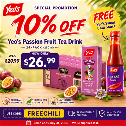 Yeo's Passion Fruit Tea Drink 24-Pack promotion - 10% off, now $26.99 with free Yeo's Sweet Chili Sauce using code FREECHILI. Offer ends July 31, 2026 while supplies last.
